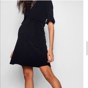 Black Tie-Waist Ruffled Maternity Dress